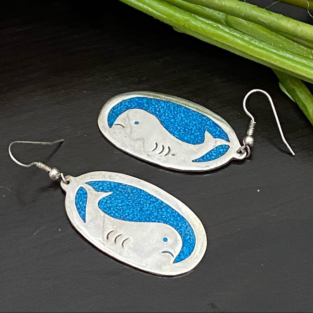 Vintage Unsigned Sterling Silver Whale Turquoise Inlay Drop Earrings